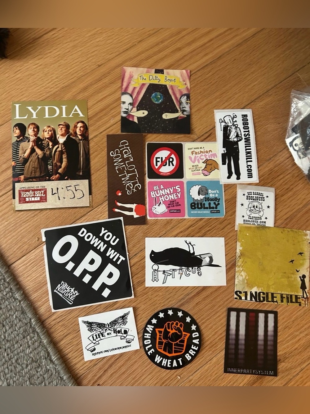 Stickers/ flyers from y2k emo bands / brands
